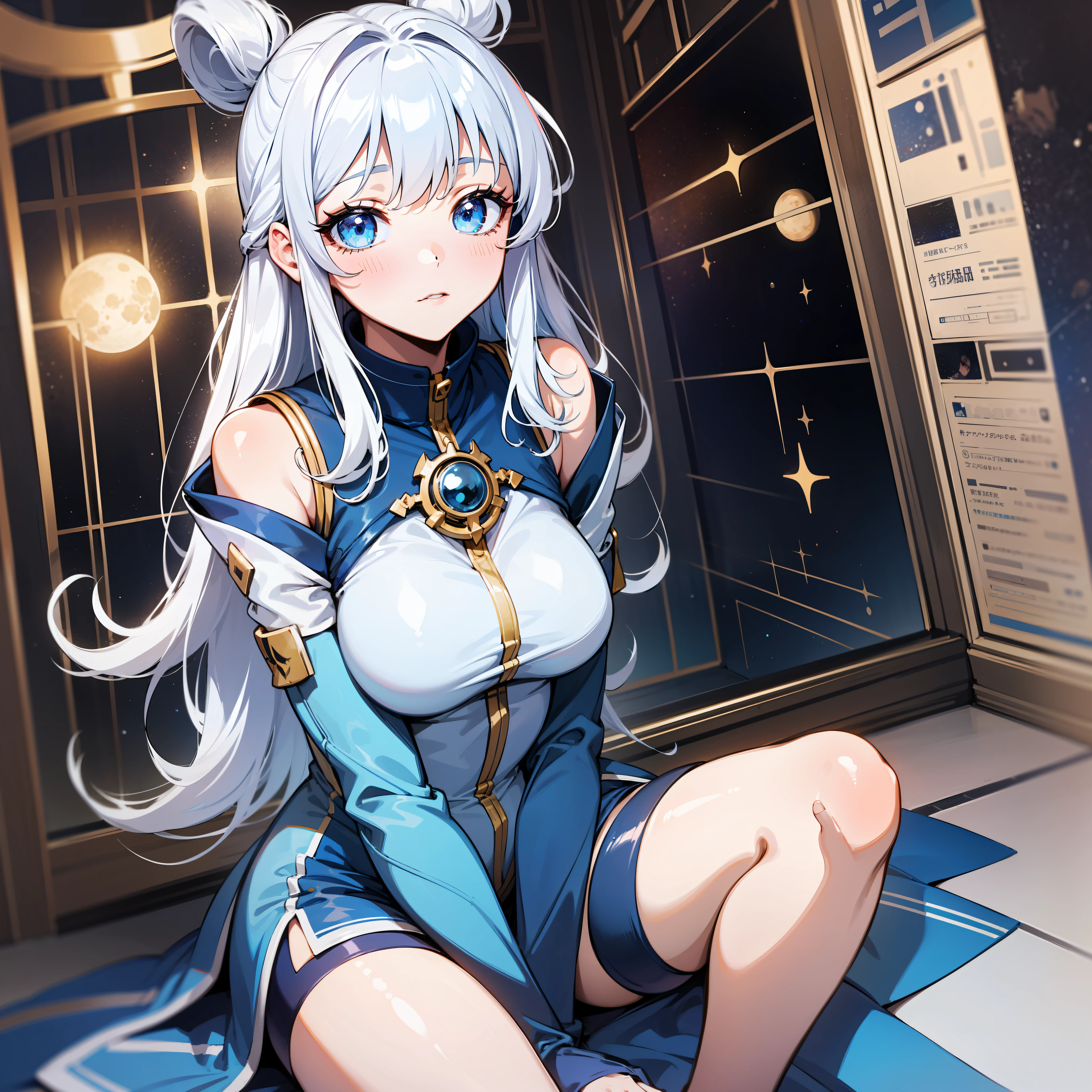 Wariza, wariza sitting position, 1girl, silver hair, blue eyes, space background, yellow moon, corridor,