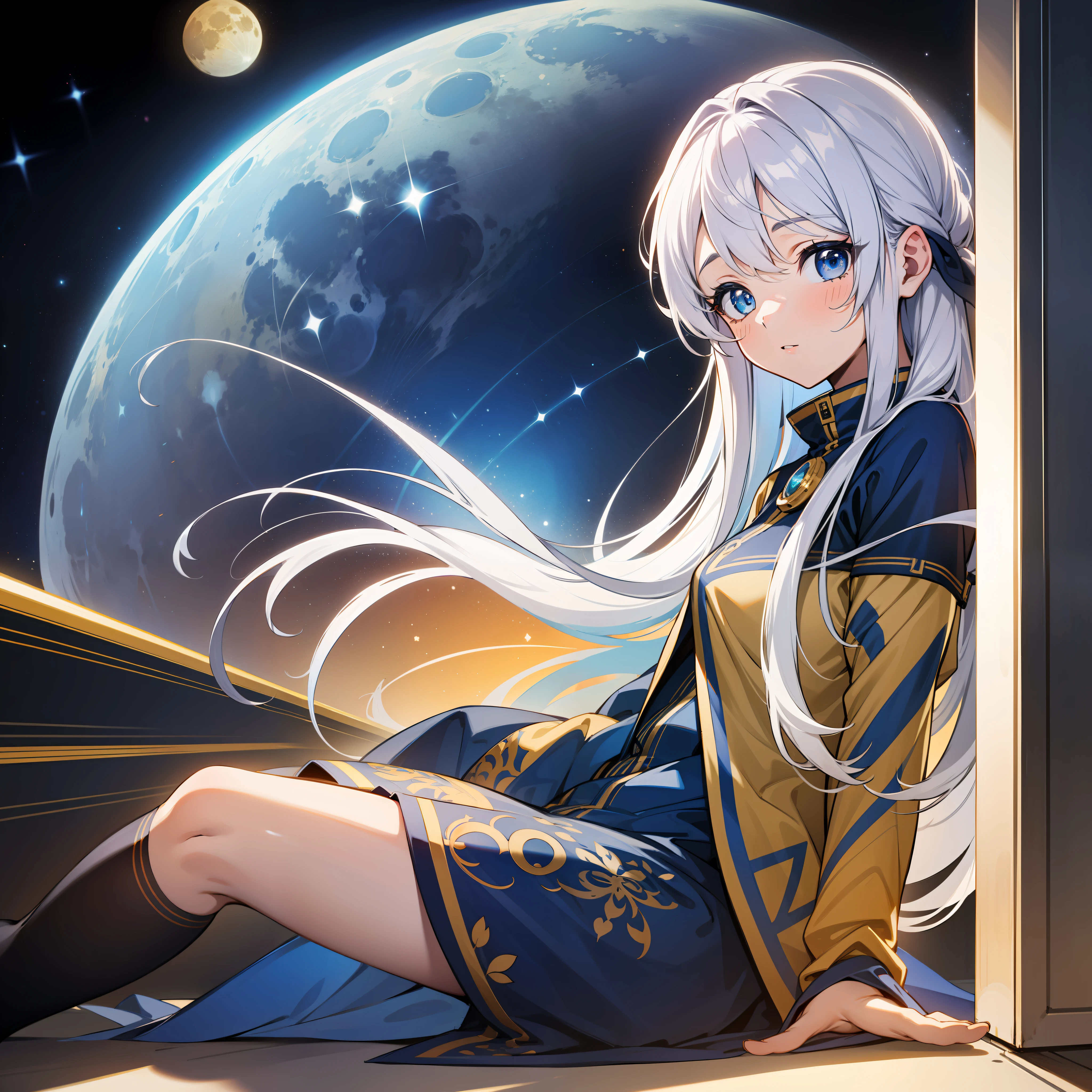 Wariza, wariza sitting position, 1girl, silver hair, blue eyes, space background, yellow moon, corridor,