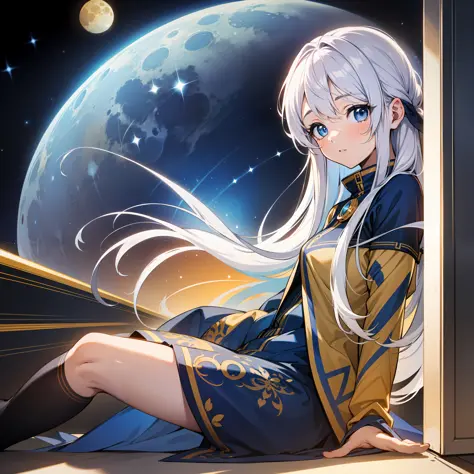 wariza, wariza sitting position, 1girl, silver hair, blue eyes, space background, yellow moon, corridor,