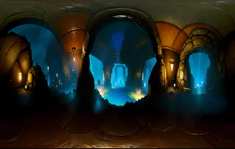 Interior of glass mines, unreal engine, detailed, high quality, photorealistic, film frame, (cinematic lighting: 1.3), Canon lens, 360 degrees, equirectangular, QXJ