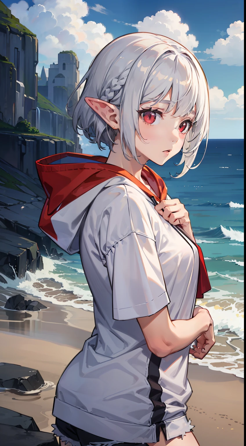 ((Put your hands on your chest)), (surprised)), (Red face), 1 girl closeup, Elf, Silver hair, Red eyes, Bob cut, Braided hair, Hoodie, Short sleeves, Shorts, Sea, Overlooking the ocean, TS, Concept art, Beautiful anime scene, Beautiful anime scenery, Best quality, Masterpiece, 4K