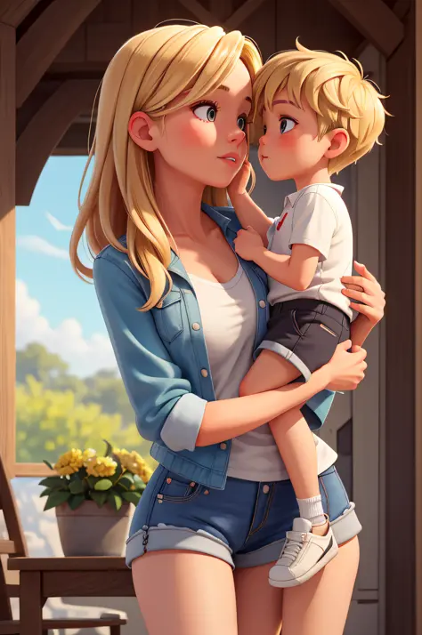 "mom kissing her little young boy on the lips", blonde hair, mom is seen wearing a skirt, little boy is seen wearing shorts, masterpiece, realistic, high resolution, high quality, highest quality, best quality, ultra detailed, extremely detailed,