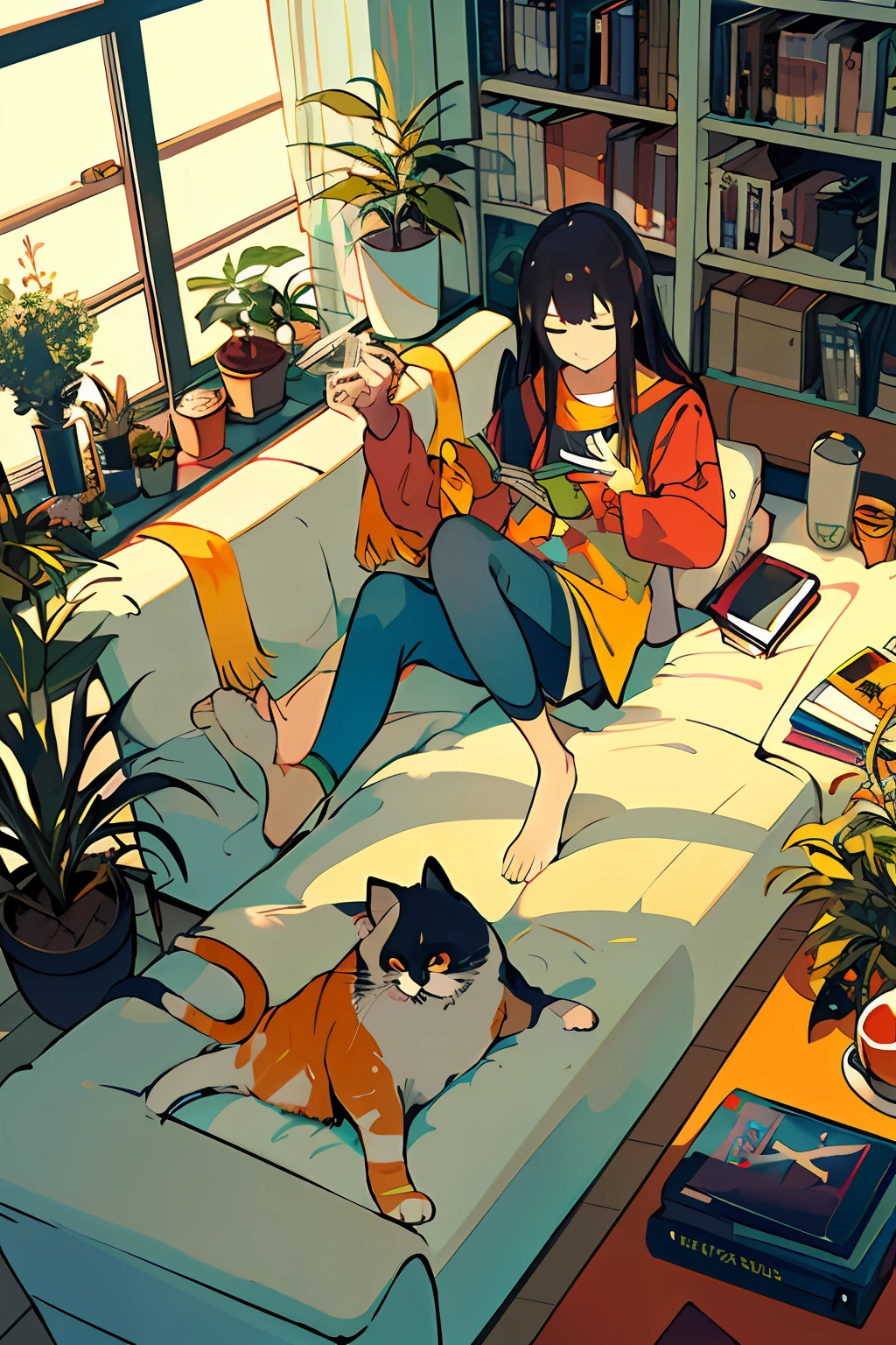 woman, listen to music together, from above, plants, black hair, cat, lying down, indoors, holding, long sleeve, long hair, stuffed animal, potted plant, book, food, window, phone, loaded interior, television, short hair, on the back, stuffed, bangs, slippers, barefoot, sitting, bookcase, shelf, cable, computer