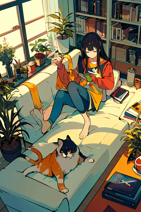woman, listen to music together, from above, plants, black hair, cat, lying down, indoors, holding, long sleeve, long hair, stuf...
