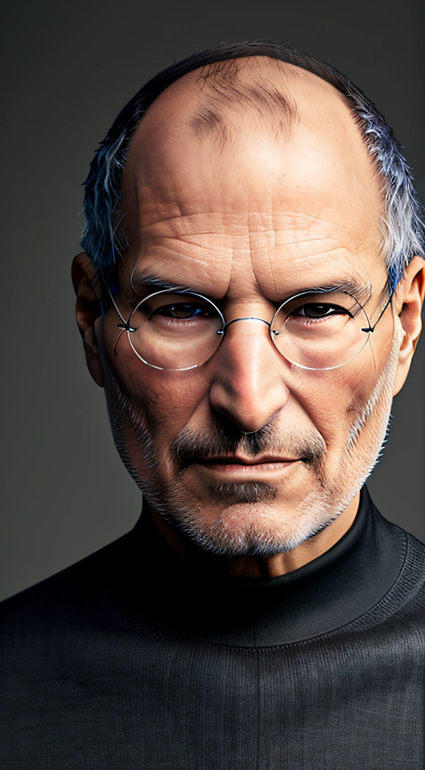 1man, old man, very Steve Jobs, deep set eyes, very thin, black simple turtle knitwear, confident, convincing, serious, portrait, front look, 4k, high-res, best quality, illustration --auto