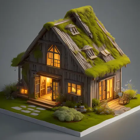 Triangle tiny building butterfly best quality, (extremely detailed CG unity 8k wallpaper), (best quality), (best illustration), (best shadow), A mushroom house covered with moss，firefly，wtarlight surrounds the room，petal, isometric 3D, octane render,ray tr...