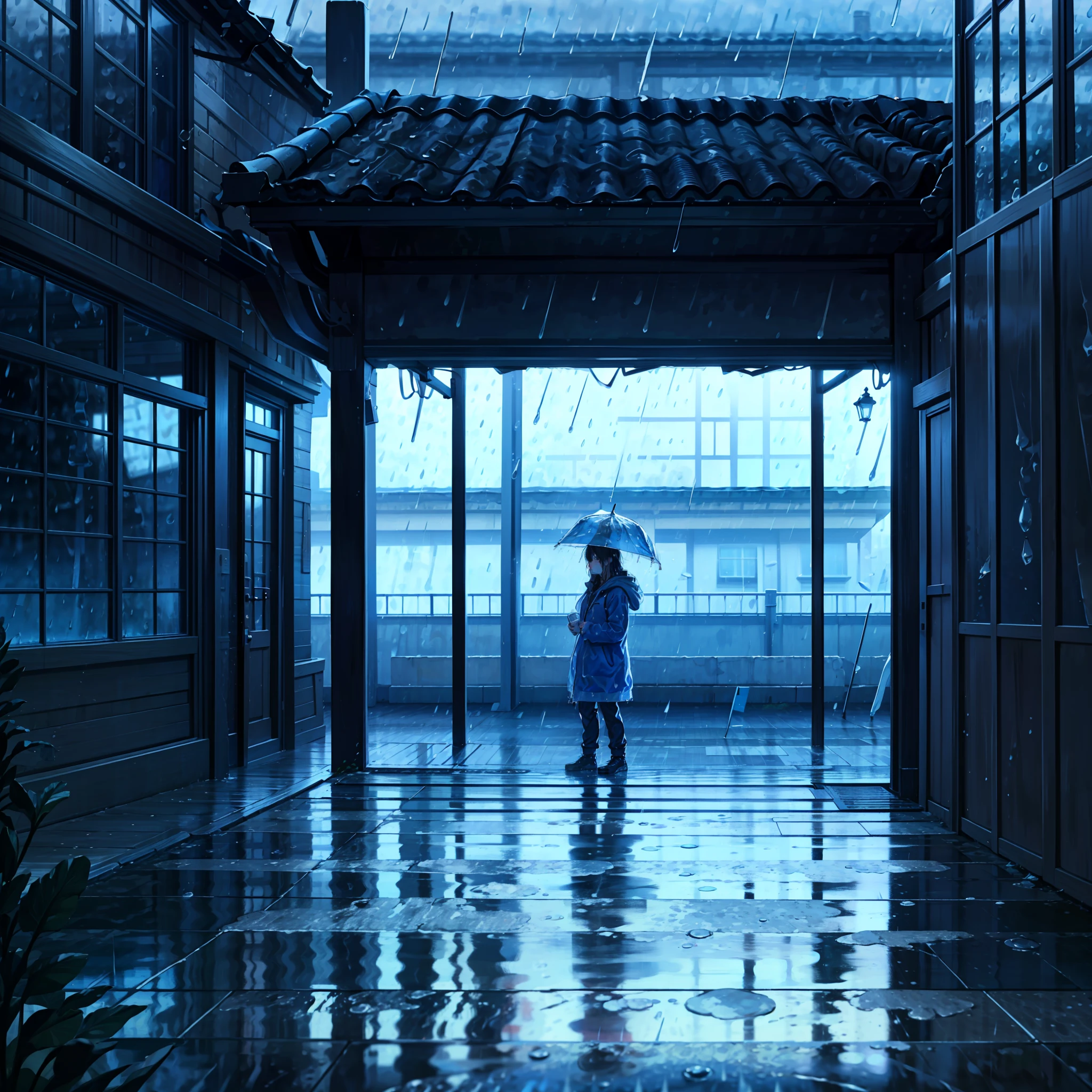 (傑作:1.2, 最好的品質), (真實影像, 複雜的細節), (夜晚, 黑暗的, 雨:1.4) 巷子裡空無一人, 周圍一片寂靜, only the 雨drops sprayed on the tiled eaves of the low houses near and far, 發出輕微的沙沙聲. In the cold 雨, 特寫, (1男孩, 濕的連帽夾克, 傷心, 完美的眼睛:1.2) 蹲在地上,