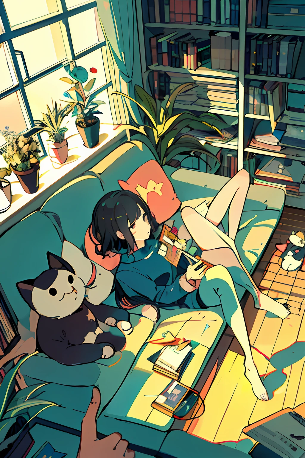 One girl, from above, plant, black hair, cat, lying down, indoors, holding, long sleeve, long hair, stuffed animal, potted plant, book, food, window, telephone, loaded interior, television, short hair, on the back, plush toy, bangs, slippers, barefoot, sitting, bookcase, shelf, cable, computer