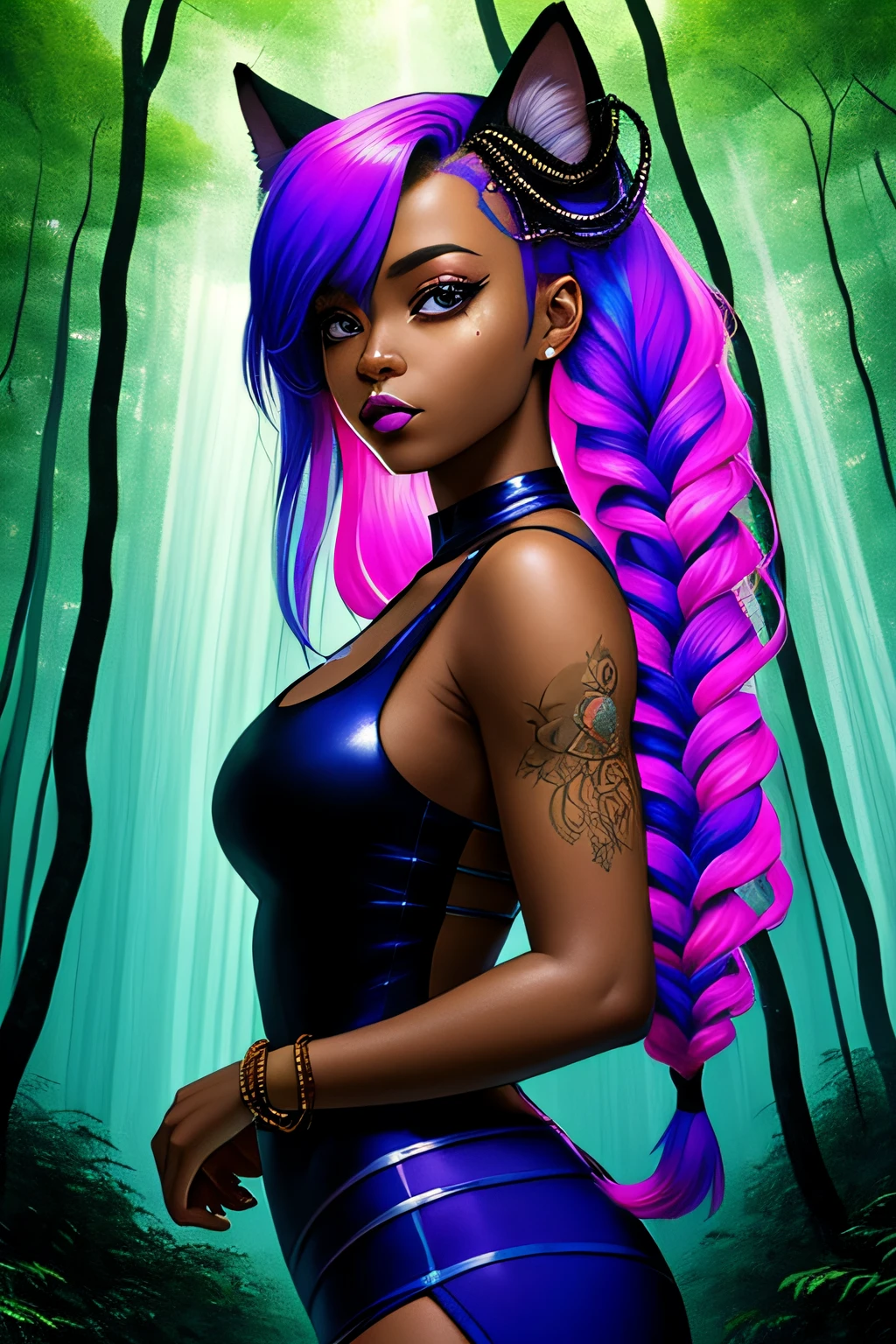 pastel goth, (masterpiece, best_quality, ultra-detailed, immaculate:1.3), epic, illustration, 1girl, (potent Voidpunk:1.3) catgirl, full body, cameltoe, [:seductive, skimpy costume design,:0.2], official art, dark skin,  muted rainbow lighting , above a crowded forest canopy, bombshell hair, magenta hair, Double Waterfall Braid,hime cut, carried breast rest