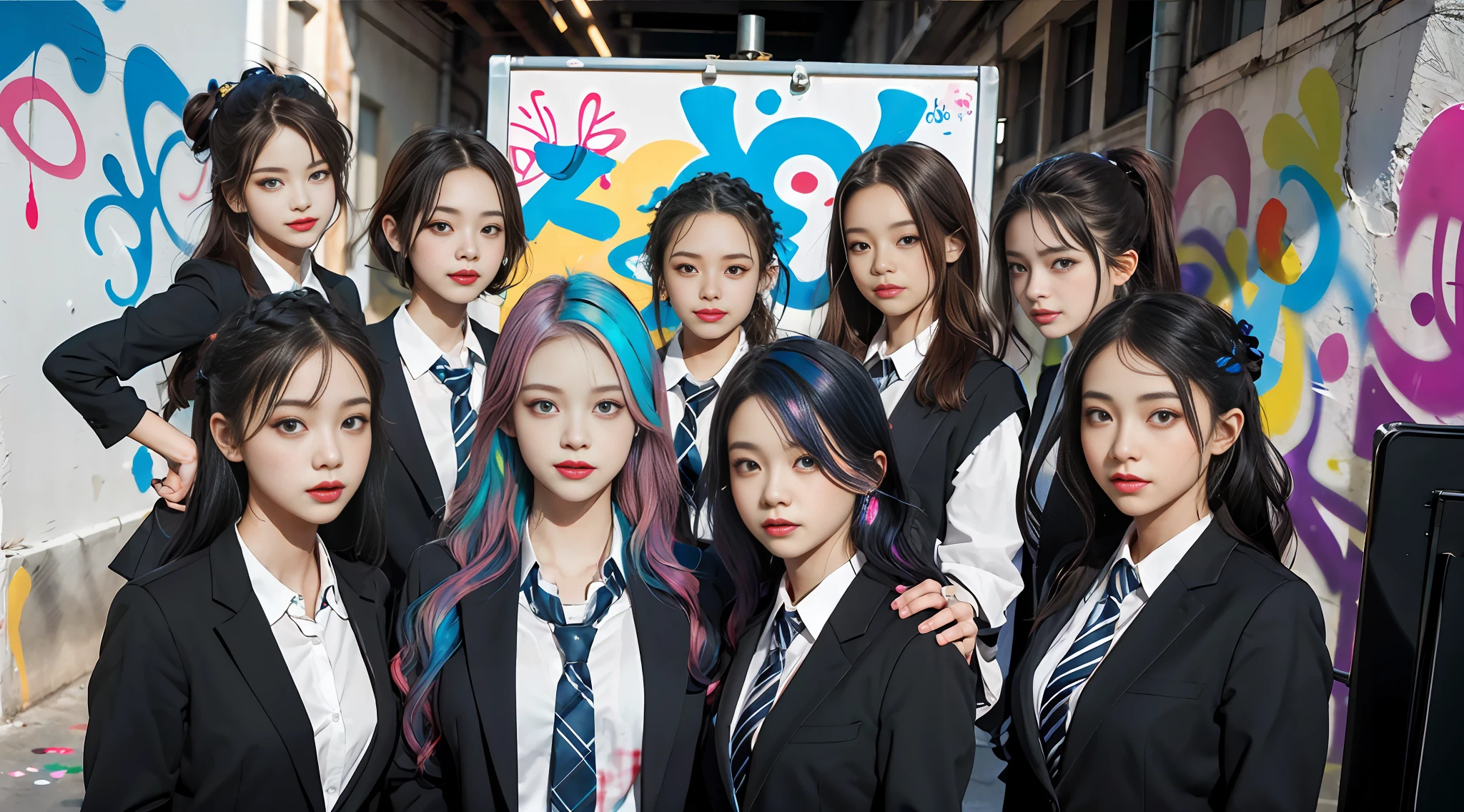 schoolgirl, beautiful detailed eyes, colorful, vivid colors, ((7girls: 1.5)), absurdity, top quality, striped hair, , latest fashion, (graffiti: 1.25), paint splatter, iridescent hair, paint on body