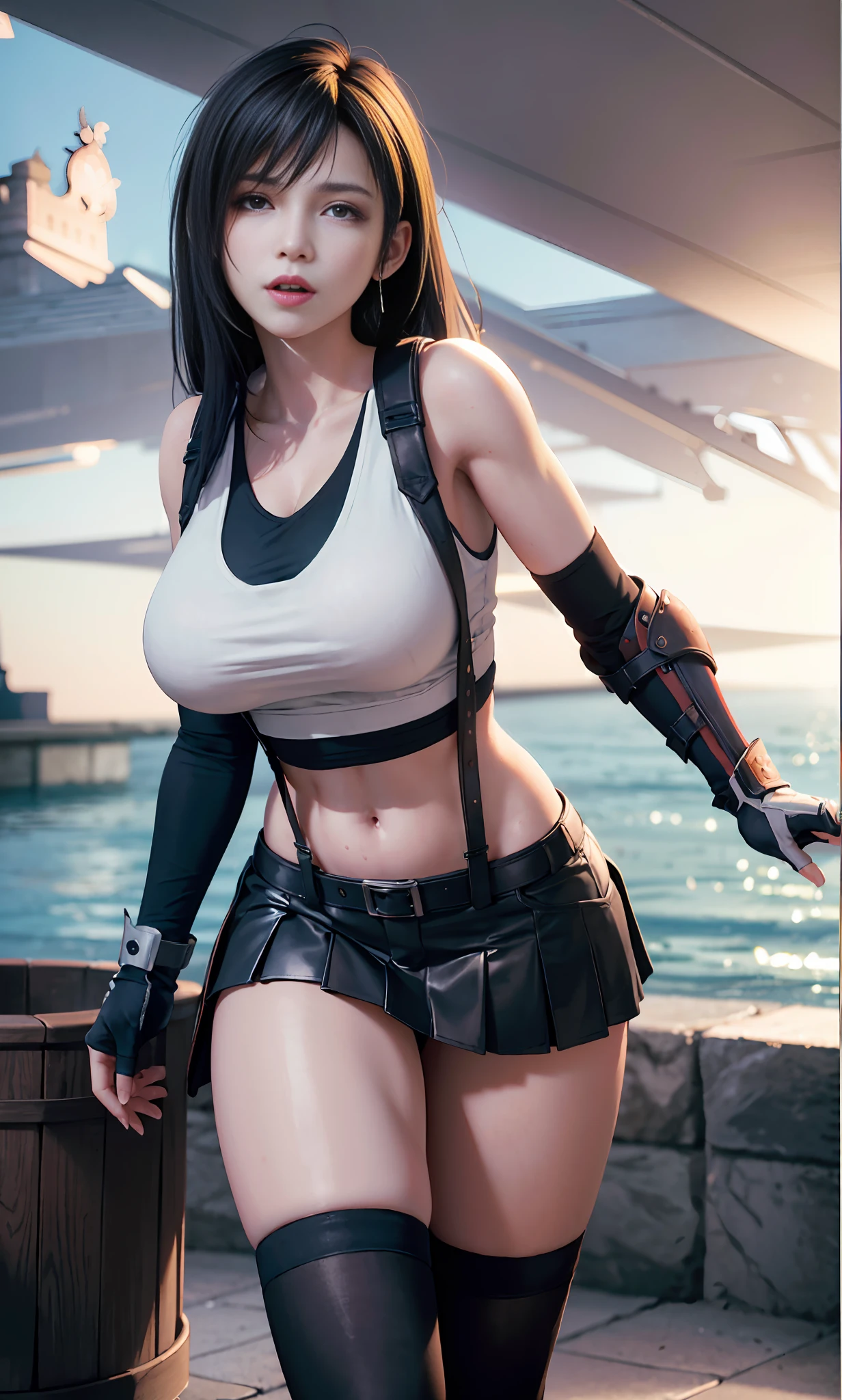 Unreal Engine 5 Realistic Render, (masterpiece, best quality), intricate details, ((Best quality)), ((masterpiece)), ((realistic)), (hyperrealism:1.2), (fractal art:1.2), 
1girl, tifa lockhart original costume, white crop top, arm guards, fingerless gloves, suspenders, pleated miniskirt, black thighhighs, red boots 
extreme detailed eyes, colorful, highest detailed, 
vibrant colors, high contrast,
(8K UHD:1.2), (photorealistic:1.2), beautiful face, top body is hyperrealistic thicc muscle and hyper largest_breasts!! with the type of boobs_melons, lower is huge buttocks, wet shiny body
