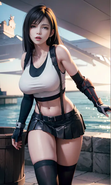 Unreal Engine 5 Realistic Render, (masterpiece, best quality), intricate details, ((Best quality)), ((masterpiece)), ((realistic)), (hyperrealism:1.2), (fractal art:1.2), 
1girl, tifa lockhart original costume, white crop top, arm guards, fingerless gloves...