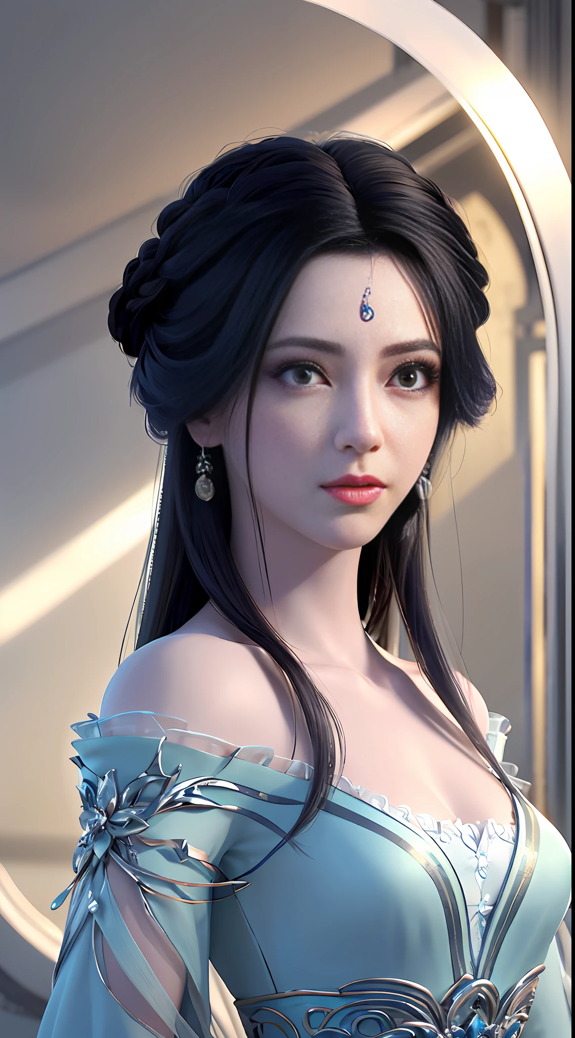 (best quality, masterpiece:1.2), ultra high res, realistic, front lighting, intricate detail, Exquisite details and textures, 1girl, solo ,(young), face highlight, upper body, detailed face, tear mole, white skin, silver hair, ponytail, braid hair, looking at viewer, big eyes, silk robe, (hollow pattern, white, silk), earrings, small breasts, slim body, luxury room, professional lighting, photon mapping, radiosity, physically-based rendering,