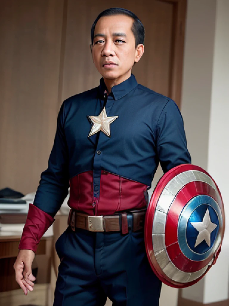 4k, Best quality, masterpiece, ultra high res, beautiful lighting, (realistic, photo-realistic:1.4), realistic background,  jokowi, 1man, 50 years old, wear captain america superhero outfit with a concave disk, long shot, Professional photography