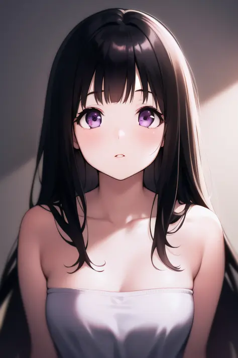 A superb exquisite Chitanda Eru, purple eyes, black hair, natural straight hair, straight bangs, extremely delicate, straight fa...