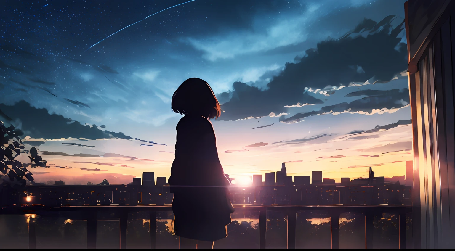 anime,silhouette,1girl, star (sky), cloud, cityscape, building, city, outdoors, skyscraper, city lights, night, night sky, sunset, skyline