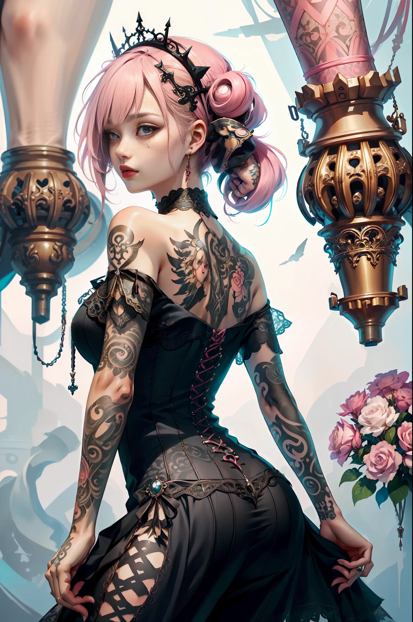 complex details beautiful and delicate eyes, PastelGothAI dress, PastelGothAI background, off-the-shoulder, tattoo, irezumi, Ultra-realistic 8K CG, masterpiece, ((ultra-detailed background, delicate pattern, intricate details)), best quality, intricate details, 1girl, solo, long hair, messy hair, from behind