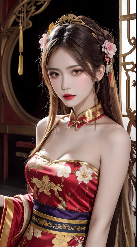 Woman wearing red and gold dress, flower background, palace, hanfu girl, wearing red cheongsam, chinese style, with ancient chin...