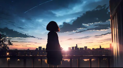 anime,silhouette,1girl, star (sky), cloud, cityscape, building, city, outdoors, skyscraper, city lights, night, night sky, sunse...