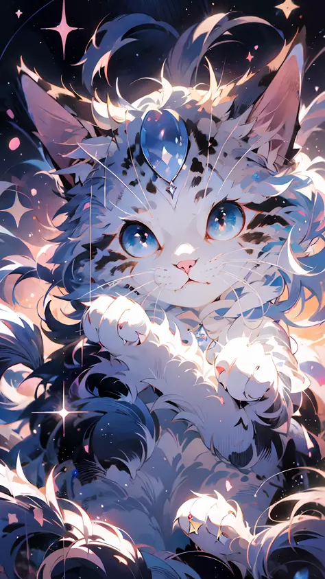 anime cat with blue eyes and stars on background, anime cat, cute cat anime visual, realistic anime cat, cute detailed digital a...