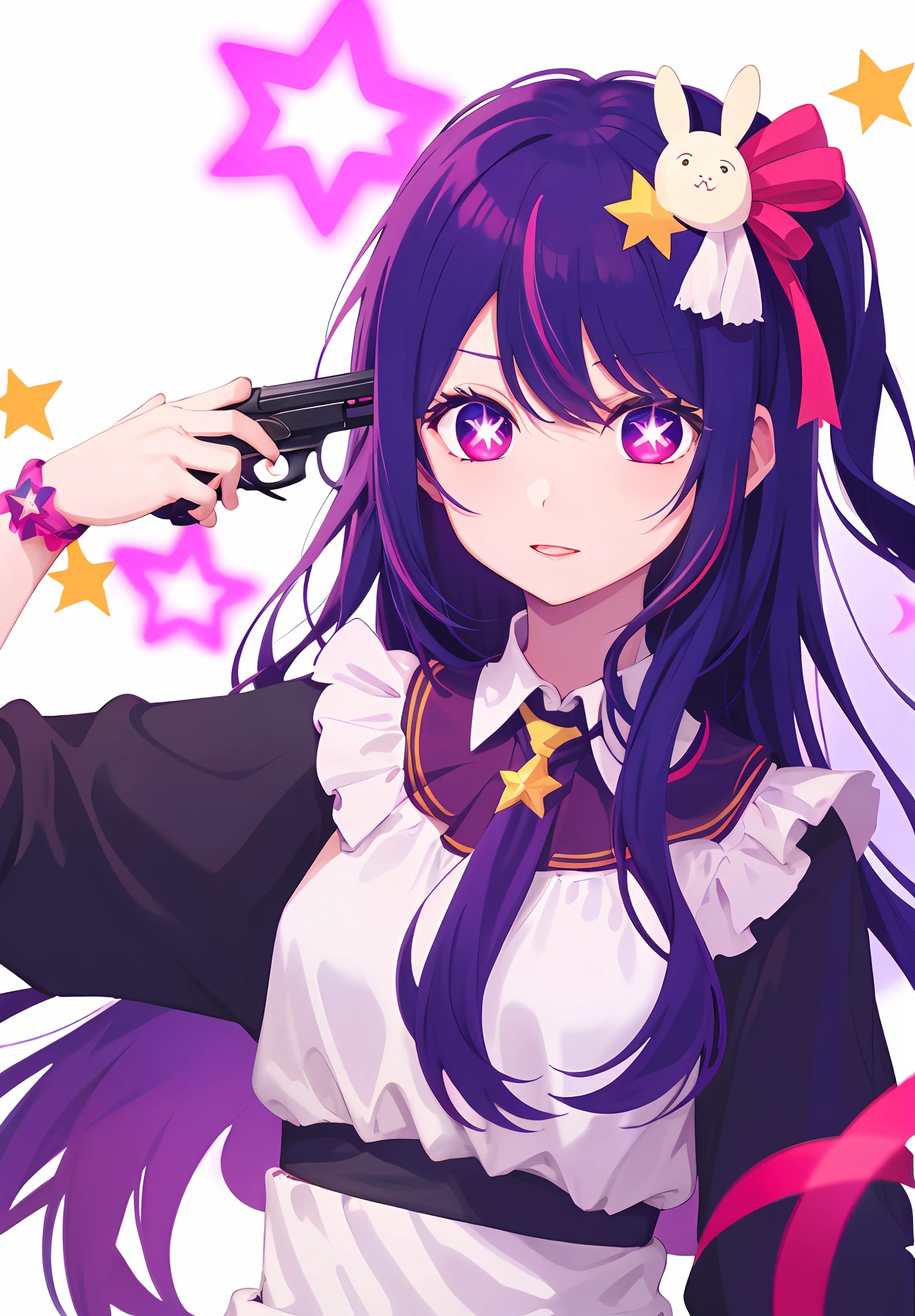 gun to head, handgun, holding gun Hoshino Ai, long hair, purple hair, streaked hair ,purple eyes, star-shaped pupils, hair ornament,