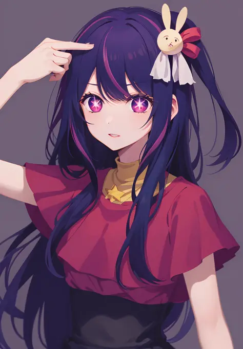 gun to head, handgun, holding gun Hoshino Ai, long hair, purple hair, streaked hair ,purple eyes, star-shaped pupils, hair ornam...