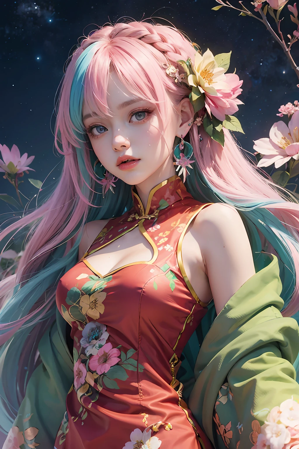 Close-up of a person with long hair and colorful hair, colorful braids, pink double-tailed hair and cyan eyes, anime style 4 K, beautiful anime style, anime girl with cosmic hair, anime art style, young anime girl, beautiful anime art style, anime style. 8k, long-haired anime girl, beautiful anime girl, beautiful anime portrait (masterpiece, top quality, best quality, official art, beauty and aesthetic: 1.2), (1girl: 1.3), very detailed, (fractal art: 1.1), (color: 1.1) (flowers: 1.3), most detailed, (zentangle: 1.2), (dynamic pose), (abstract background: 1.3), ( Chinese dress:1.2), (shiny skin), (many colors:1.4), ,(earrings:1.4),