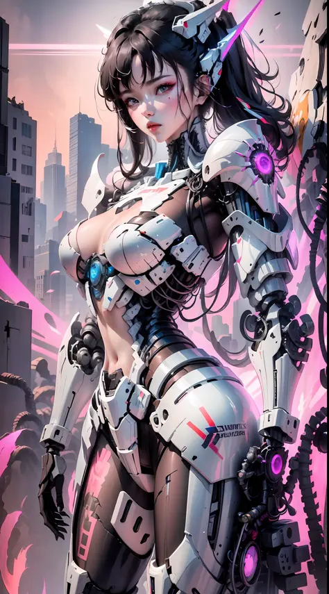 (highly detailed:1.5) futuristic mecha girl on the cover of a neon-lit sci-fi magazine, (cyberpunk:1.3) style, wearing a sleek battlesuit with glowing accents, posing confidently with a giant robot in the background, (bold typography:1.2), dynamic composit...
