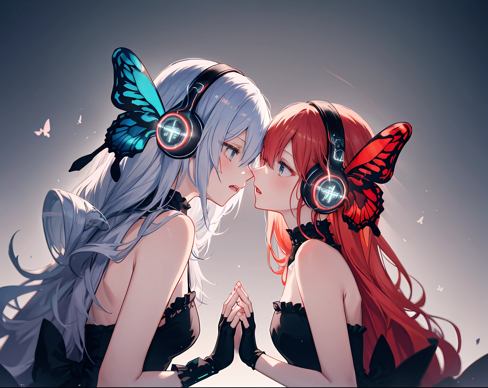 magnetvocaloid,butterfly wings headphones, 
multiple girls, 2girls, yuri,fingerless gloves, 
 red hair,black veil,funeral dress, black dress,