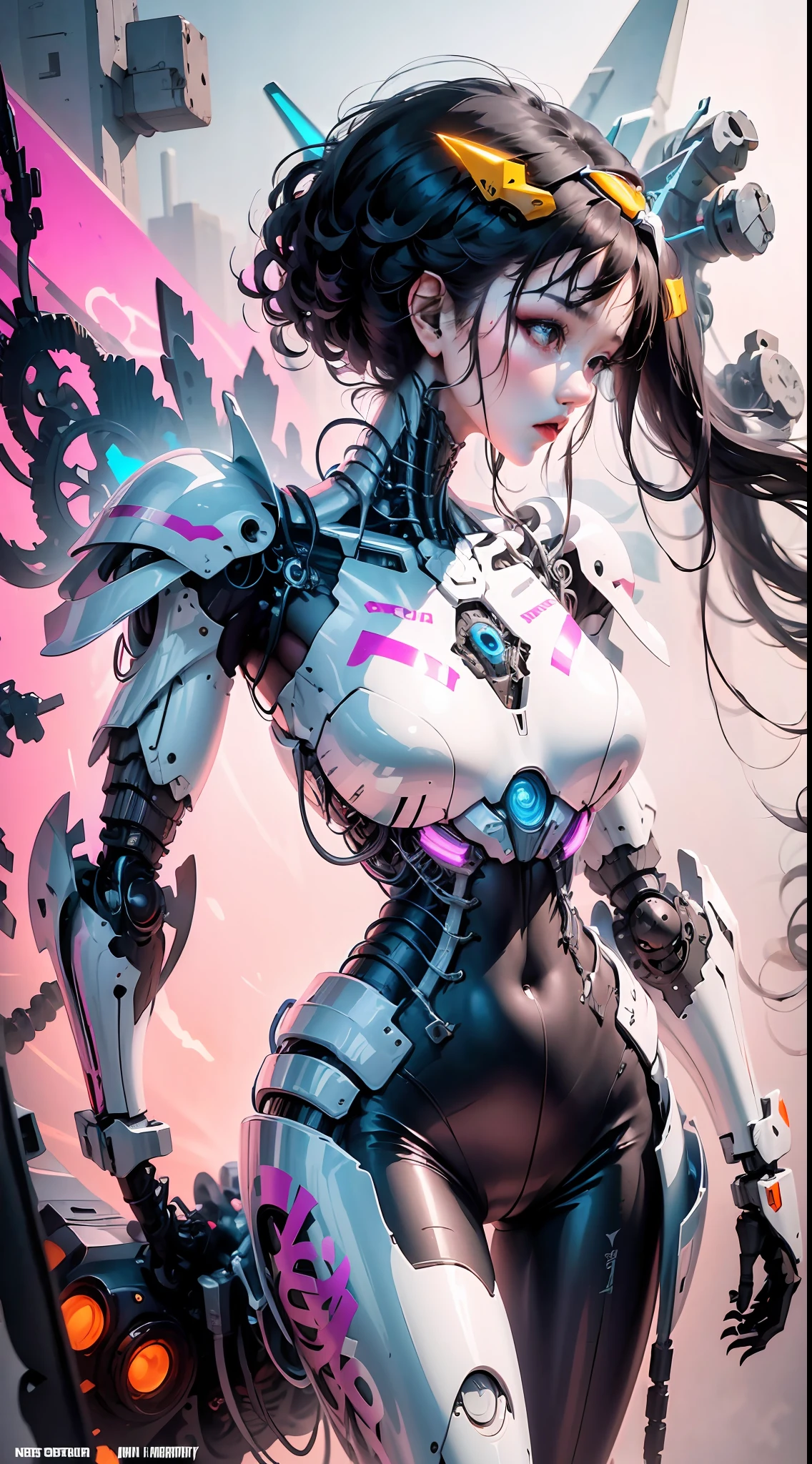 (très détaillé:1.5) mecha girl futuriste sur la couverture d&#39;un magazine de science-fiction éclairé au néon, (cyberpunk:1.3) style, porter une combinaison de combat élégante avec des accents brillants, posant en toute confiance avec un robot géant en arrière-plan, (typographie audacieuse:1.2), composition dynamique, couleurs vives, (À la manière d&#39;Akira:1.1), (Hajime Sorayama inspiré:1.2)