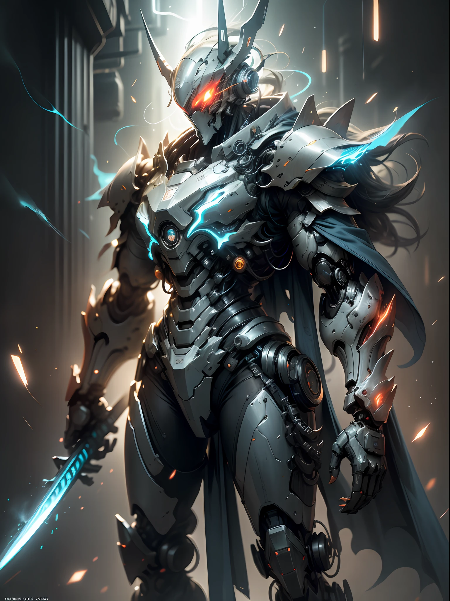 Blue Ghost Hunter, Super Cool Ghost Killer, Wearing Blue Mechanical Armor, Lightning Surrounding, Katana Held, Standing Frontal, Perfect Body Proportions, Super Detail, Realistic, Shiny, Reflective, Bioluminescent, Galactic Cybernetic Mask, Mecha, (Executioner: 1.2), Cape, SH4G0D, GlowingRunes_red, Full Body, Movie, Dark Background, Backlight, High Contrast,