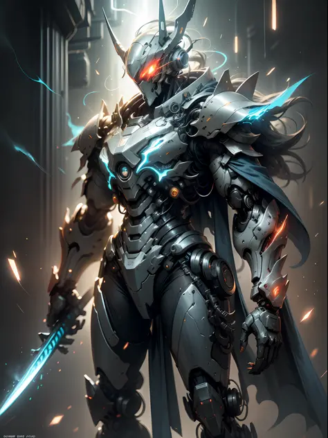 Blue Ghost Hunter, Super Cool Ghost Killer, Wearing Blue Mechanical Armor, Lightning Surrounding, Katana Held, Standing Frontal, Perfect Body Proportions, Super Detail, Realistic, Shiny, Reflective, Bioluminescent, Galactic Cybernetic Mask, Mecha, (Executi...