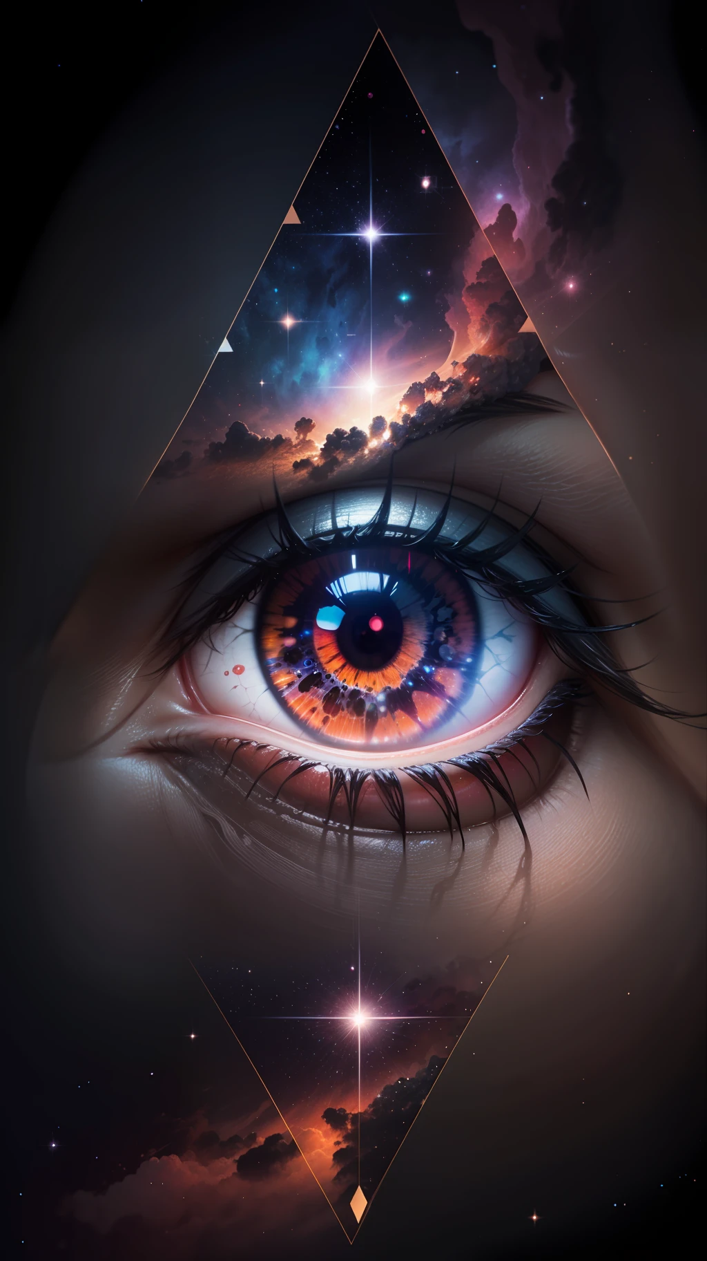 Ultra detailed, eye made of nebulae inside a triangle