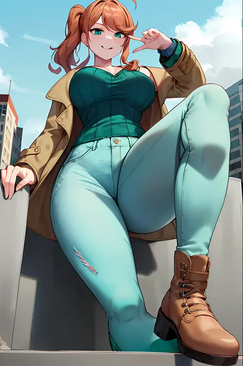 (masterpiece, best quality:1.4), solo, 1girl, sonia, smile, looking at viewer, hand on hip, side ponytail, heart hair ornament, eyewear on head, (pants, jeans:2), (full body:1.5), giantess, smile, (from below:1.5), (thick thighs:1.2), (large breasts:1.5), ...