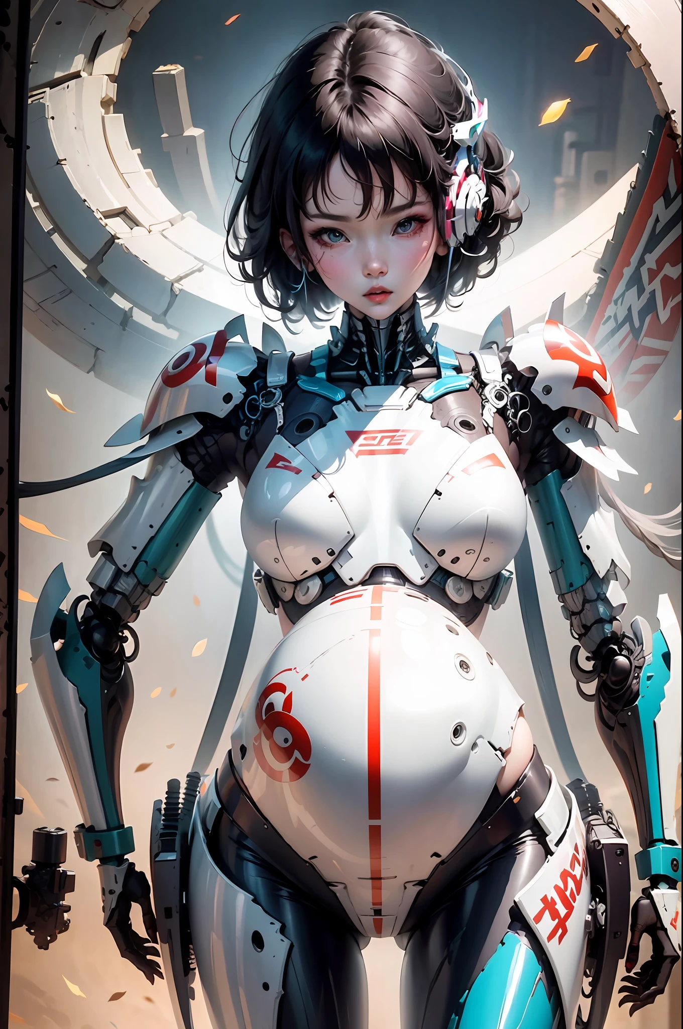 (Very detailed: 1.5) Futuristic mecha girl on neon flashing sci-fi magazine cover, (Cyberpunk: 1.3) style, wearing stylish combat suit with glowing accents, confidently posing as a giant robot in the background, (bold typography: 1.2), dynamic composition, bright colors, (Akira style: 1.1), (Hajime Sorayama inspiration: 1.2), pregnant, pregnant belly