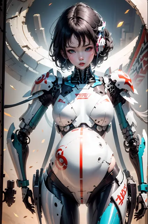 (Very detailed: 1.5) Futuristic mecha girl on neon flashing sci-fi magazine cover, (Cyberpunk: 1.3) style, wearing stylish comba...