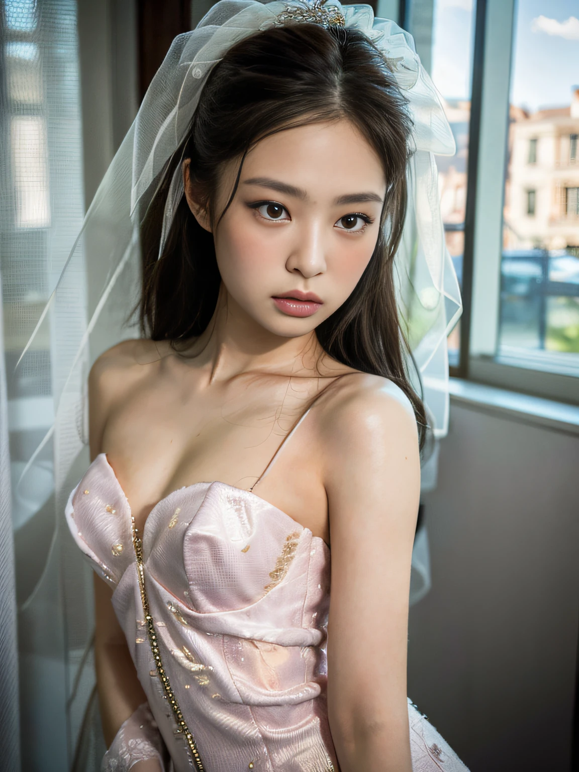 (1fille:1.3), seulement, __parties du corps__, Kim Ji-ni visage de Jennie, photo de mariage, robe de mariée blanche, détails riches, visage las du monde, Des yeux indifférents, Épaules nues, Sens de la prime, Fond Gris Foncé Solide Flou, Image de résolution 8k, détails symétriques complexes.