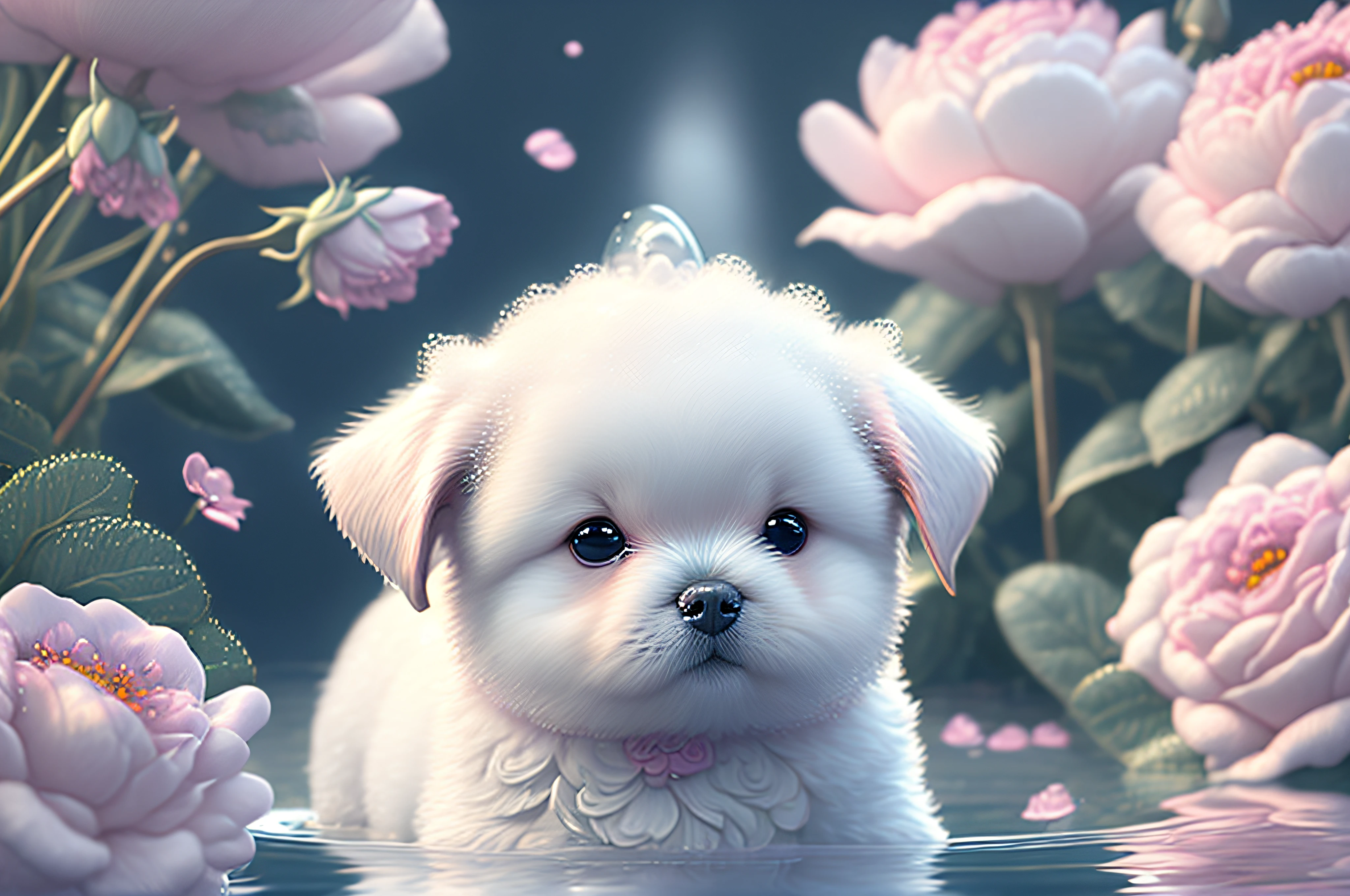 Nesta arte CG ultra detalhada, poça fofa filhote de cachorro feliz cercado por rosas etéreas, melhor qualidade, alta resolução, Detalhes intrincados, fantasia, Filhote fofo, roxo, engraçado