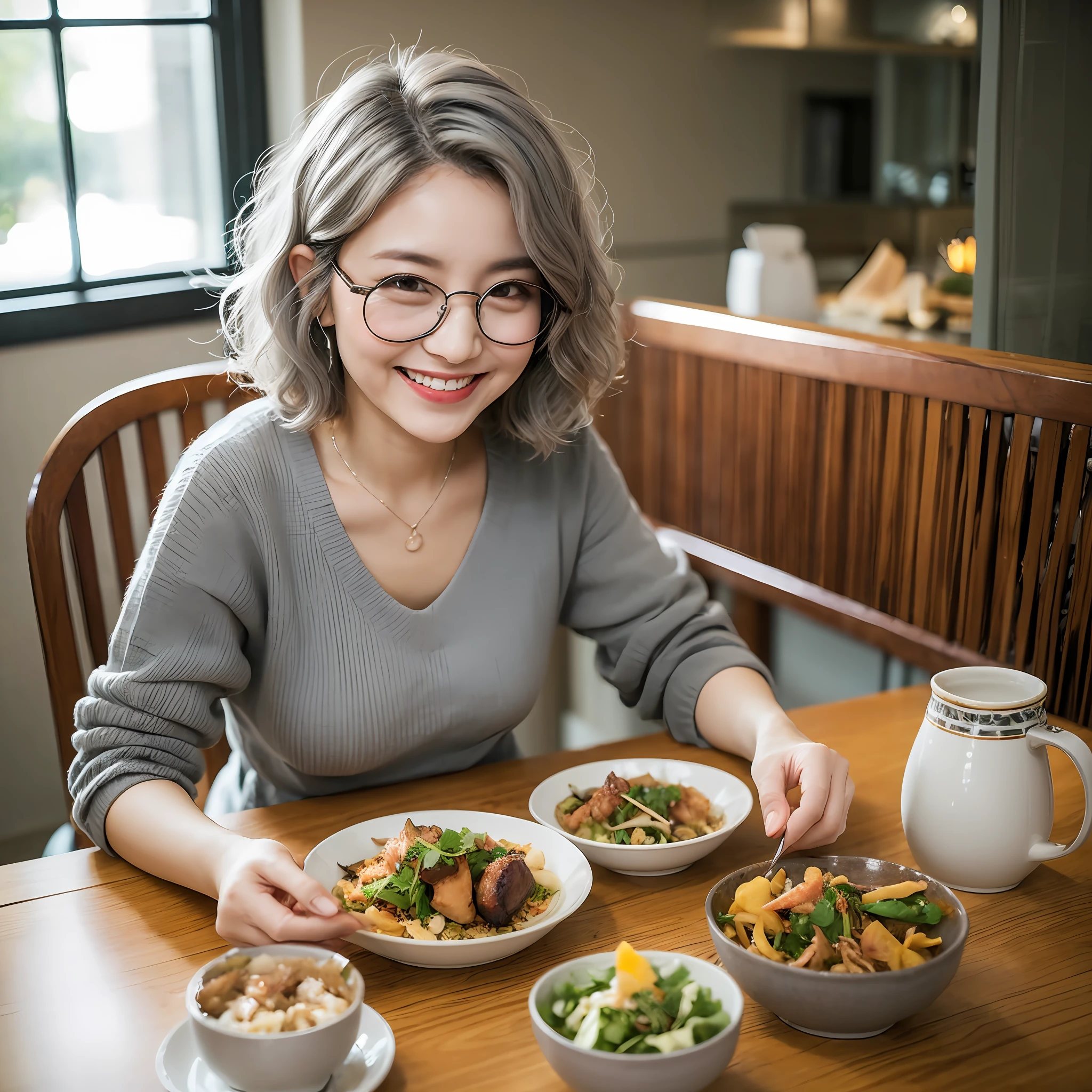 An midle aged asian woman (short wavy gray hair, glasses, wearing a shirts, smiling)  at a table with a delicious meal filled with delicious food and a warm and spacious living room background --auto --s2