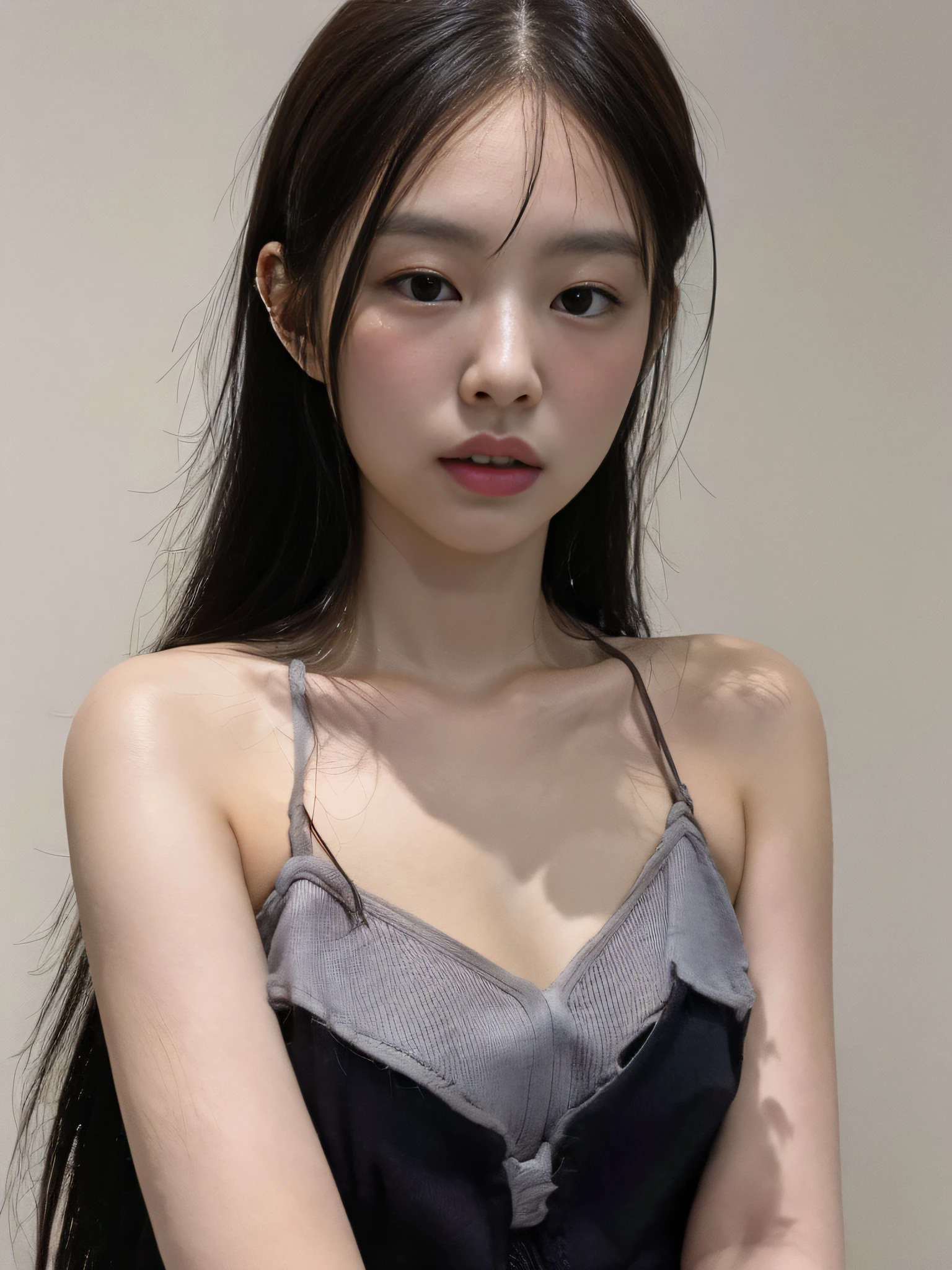 Bestquality， Jeizuo， Jennie face shape，Super High Resolution， Supermodel， Shoulder-chest portrait photo，（realistness： 1 girl.8）， RAW Photos， 1 girl one girl， Bare Shoulders， In the dark， deep shadows， low profile， cold light