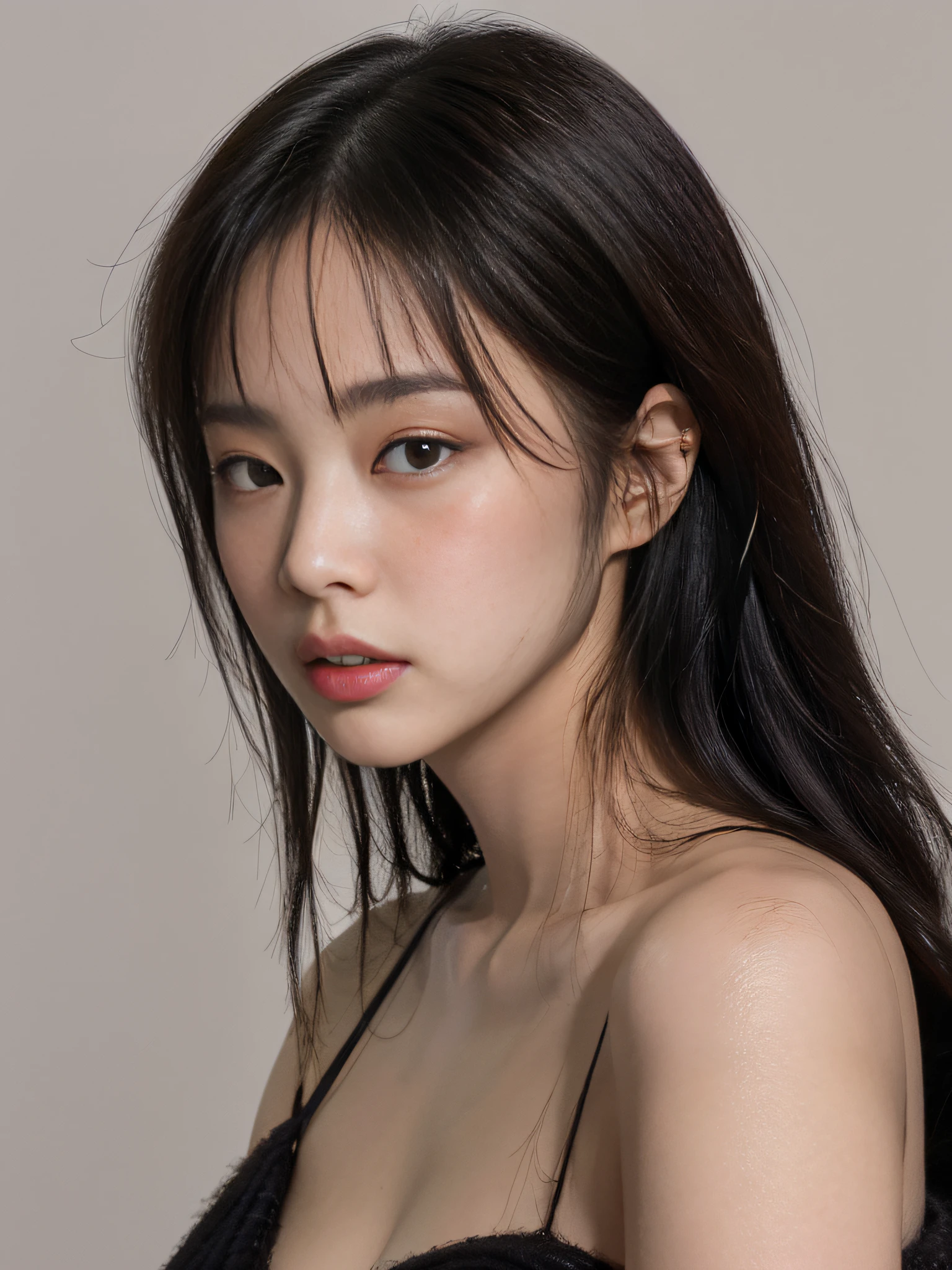 Bestquality， Jeizuo， Jennie face shape，Super High Resolution， Supermodel， Shoulder-chest portrait photo，（realistness： 1 girl.8）， RAW Photos， 1 girl one girl， Bare Shoulders， In the dark， deep shadows， low profile， cold light