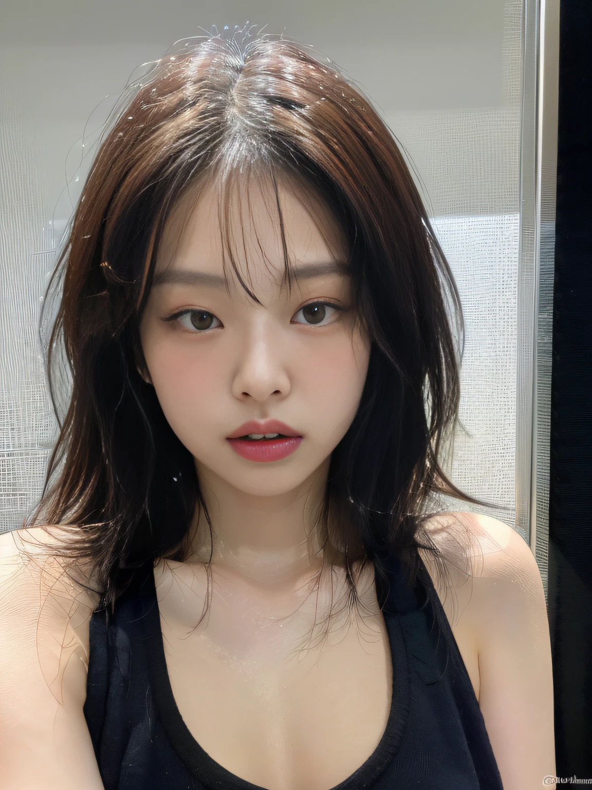 Best Quality, Jjennie Face Shape, Ultra High Resolution, Supermodel, (Realism: 1 Girl.8), RAW Photo, 1 Girl One Girl, Bare Shoulders, Wearing Black Vest, Sexy, In the Dark, Deep Shadow, Understated, Cold Light