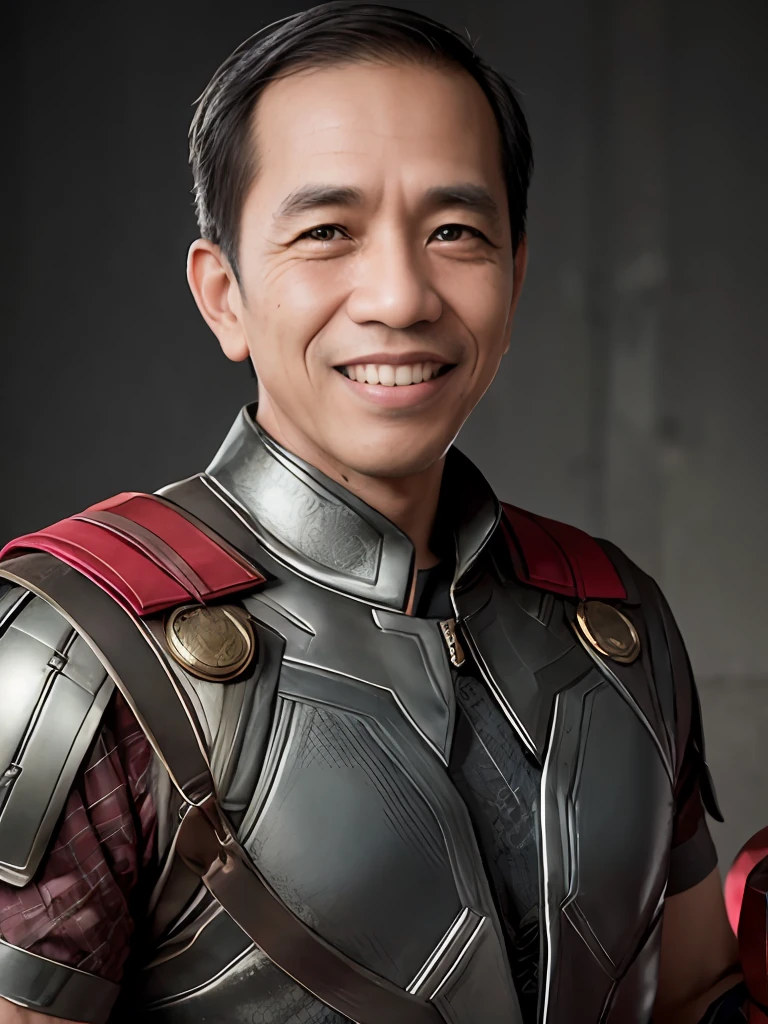 4k, Best quality, masterpiece, ultra high res, beautiful lighting, (realistic, photo-realistic:1.4), realistic background,  jokowi, 1man, 50 years old, smiling, wear thor Chris Hemsworth superhero outfit with holding mjolnir in hand, long shot