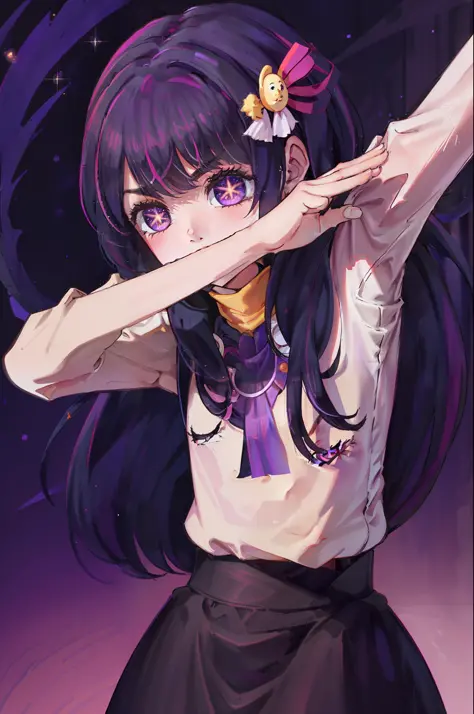 hoshino ai, long hair, purple hair, streaked hair ,purple eyes, star-shaped pupils, hair ornament dabdance