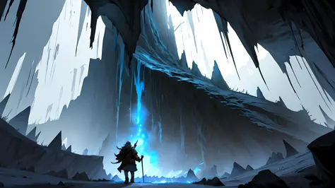 masterpiece, best quality, ((amazing fantasy action scenes)), magical, inside an ice cave, frozen path, ice wall, ice wheel, fre...