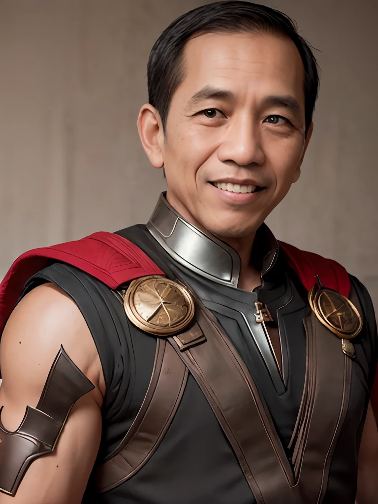 4k, Best quality, masterpiece, ultra high res, beautiful lighting, (realistic, photo-realistic:1.4), realistic background,  jokowi, 1man, 50 years old, angry, wear thor Chris Hemsworth superhero outfit with mjolnir in hand, long shot