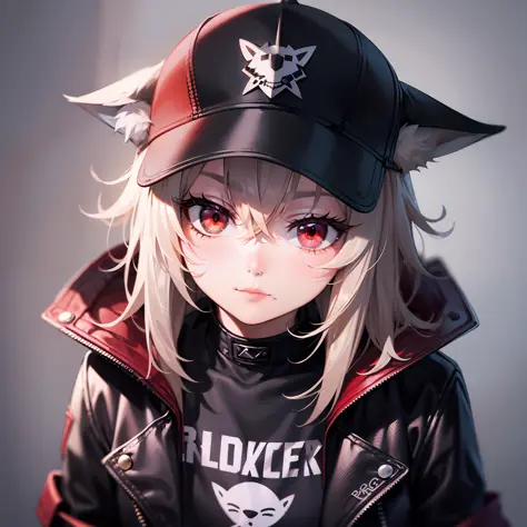 (anthropomorphic fox cute cub) with black jacket, red eyes, bad girl, young, portrait, bust, posture facing the camera, cartoon,...