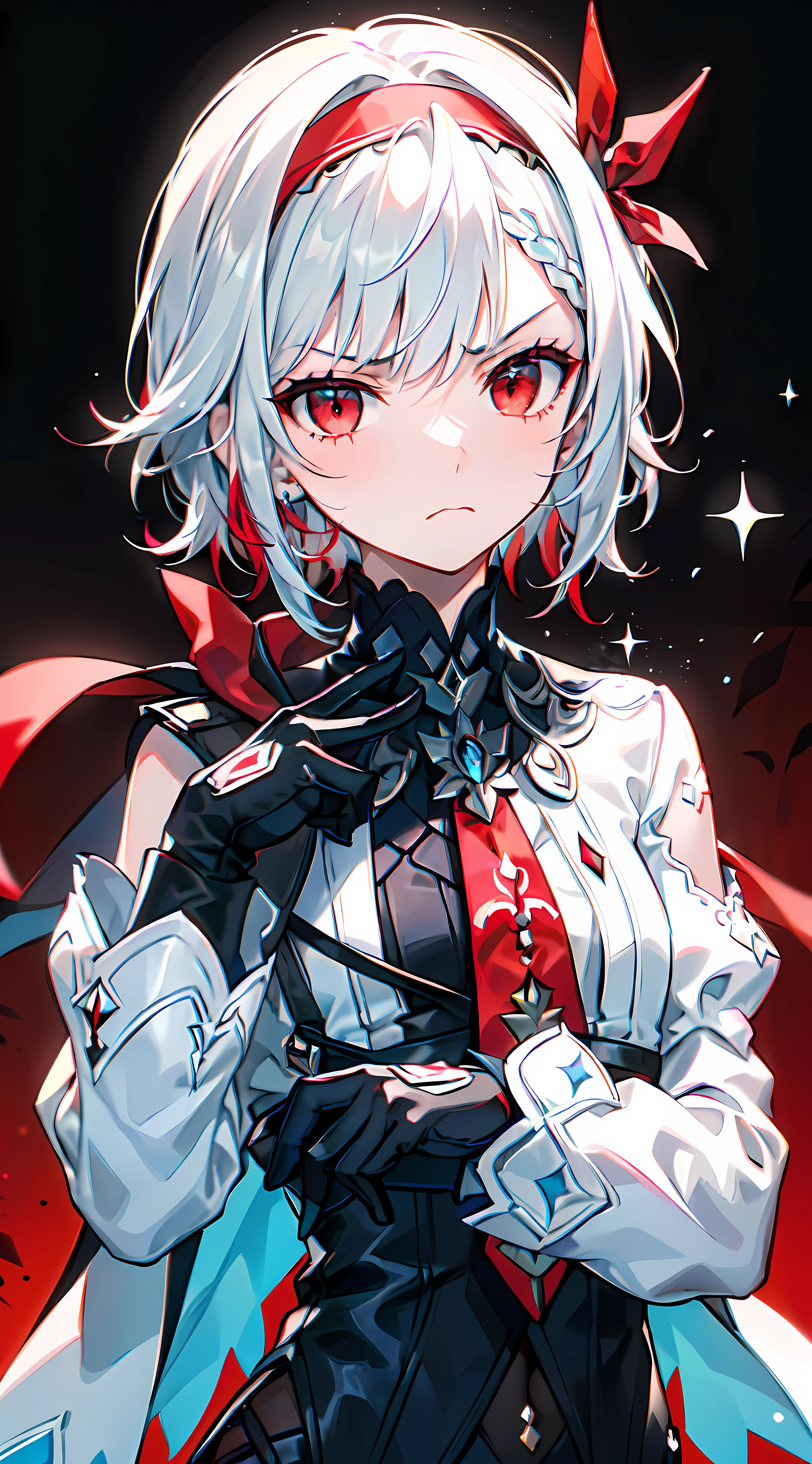 1girl, (solo:1.2), ((masterpiece)), [slim], (small chest), ((detailed eyes)), (bokeh effect), medium shot, euladef, (white hair;1.3), short hair, (red hairband:1.3), (red gloves), (red tie;1.5), elegant, (cold), narrowed eyes, (frown), (red eyes), (evil theme), dark background, icy effect