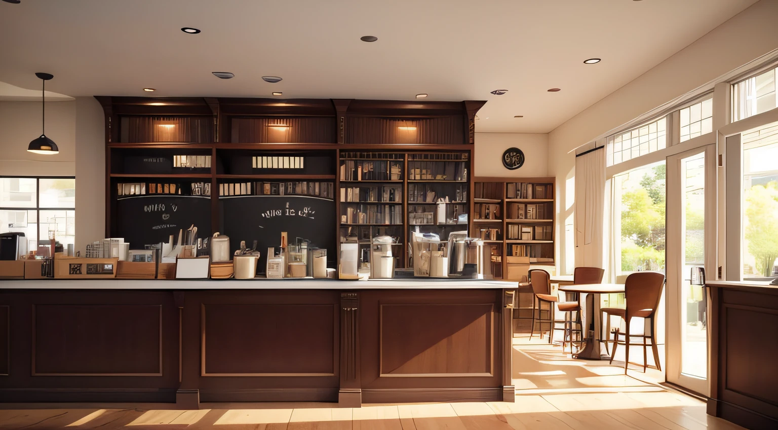 Café Bücherregal Helles Licht Blick von der Café-Theke Café-Innenansicht Einfacher Stil Anime-Hintergrund Das Café ist mit Geschirr und Teeservice ausgestattet, sowie Kaffeemaschinen Warmes Licht Einige Kunden sitzen und trinken Kaffee Der Blick ist auf die Kasse an der Café-Theke gerichtet