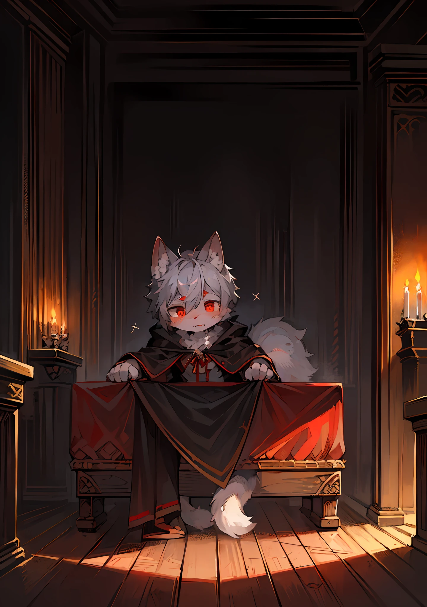 (Dark Environment: 0.8), Masterpiece, High Quality, Abstract Res, Digital Painting\(artwork\), by Dagasi, Yupa, Kiyosan, (Anthro, Fluffy Fur, Character Focus: 1.1), Anthro Male Cat, Short Hair, Portrait , bright eyes, panorama, character focus. (Background: 0.7), Open Legs, Shy, Solo, Furry, Hairy Male, Male Focus, Anthr, (Full Body Fur, Fluffy Tail, White Fur, Red Eyes, Gray Hair: 1.2), (Canids, Vampires, Cloak: 1.2), (Interior, Night, Castle, Coffin: 1.1)